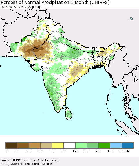 Southern Asia Percent of Normal Precipitation 1-Month (CHIRPS) Thematic Map For 8/26/2022 - 9/25/2022