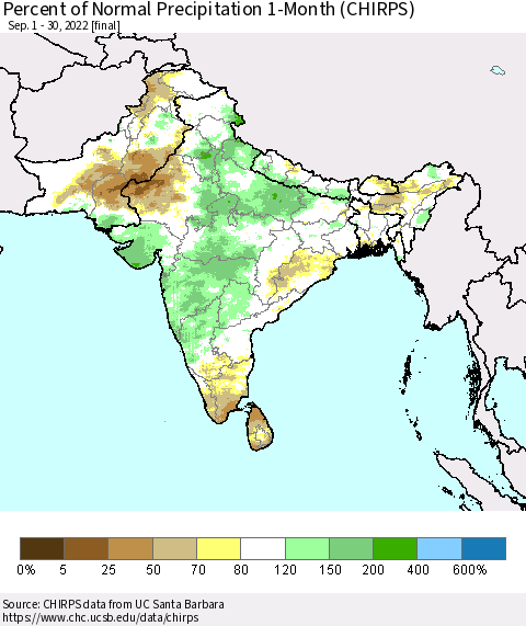 Southern Asia Percent of Normal Precipitation 1-Month (CHIRPS) Thematic Map For 9/1/2022 - 9/30/2022