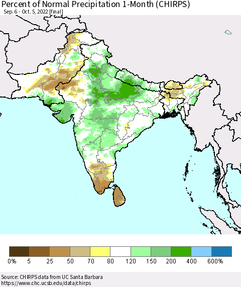 Southern Asia Percent of Normal Precipitation 1-Month (CHIRPS) Thematic Map For 9/6/2022 - 10/5/2022