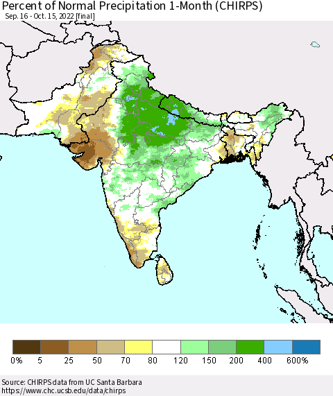 Southern Asia Percent of Normal Precipitation 1-Month (CHIRPS) Thematic Map For 9/16/2022 - 10/15/2022