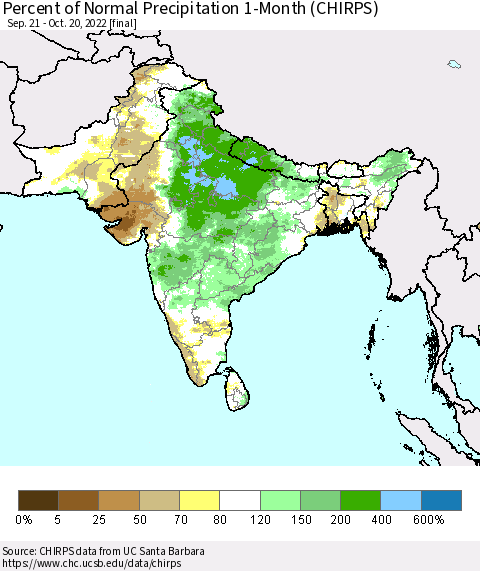 Southern Asia Percent of Normal Precipitation 1-Month (CHIRPS) Thematic Map For 9/21/2022 - 10/20/2022