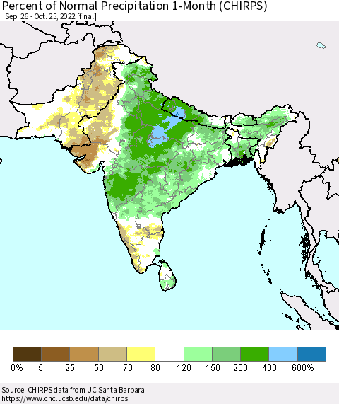 Southern Asia Percent of Normal Precipitation 1-Month (CHIRPS) Thematic Map For 9/26/2022 - 10/25/2022