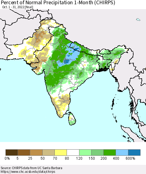 Southern Asia Percent of Normal Precipitation 1-Month (CHIRPS) Thematic Map For 10/1/2022 - 10/31/2022