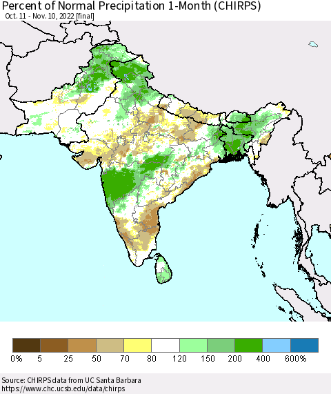 Southern Asia Percent of Normal Precipitation 1-Month (CHIRPS) Thematic Map For 10/11/2022 - 11/10/2022