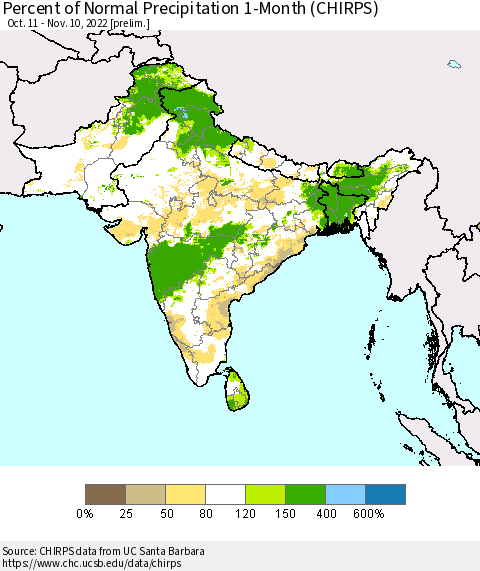 Southern Asia Percent of Normal Precipitation 1-Month (CHIRPS) Thematic Map For 10/11/2022 - 11/10/2022