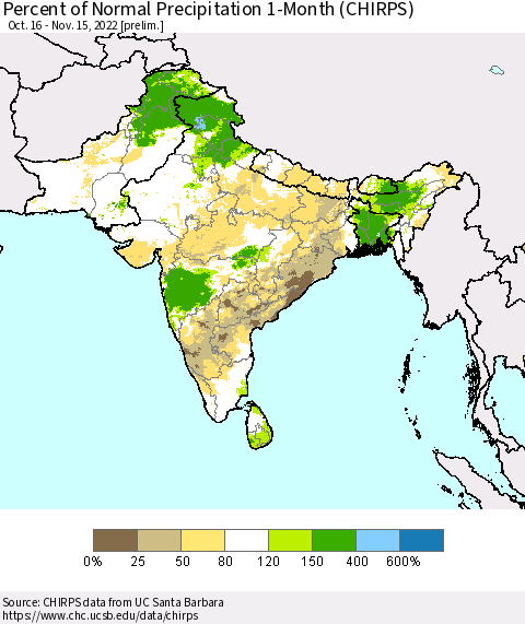 Southern Asia Percent of Normal Precipitation 1-Month (CHIRPS) Thematic Map For 10/16/2022 - 11/15/2022