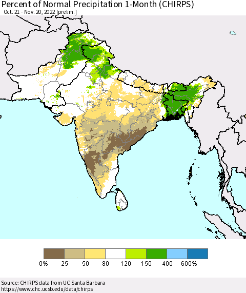 Southern Asia Percent of Normal Precipitation 1-Month (CHIRPS) Thematic Map For 10/21/2022 - 11/20/2022