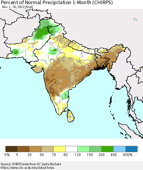 Southern Asia Percent of Normal Precipitation 1-Month (CHIRPS) Thematic Map For 11/1/2022 - 11/30/2022