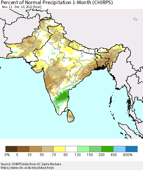 Southern Asia Percent of Normal Precipitation 1-Month (CHIRPS) Thematic Map For 11/11/2022 - 12/10/2022