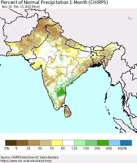 Southern Asia Percent of Normal Precipitation 1-Month (CHIRPS) Thematic Map For 11/16/2022 - 12/15/2022