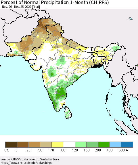 Southern Asia Percent of Normal Precipitation 1-Month (CHIRPS) Thematic Map For 11/26/2022 - 12/25/2022