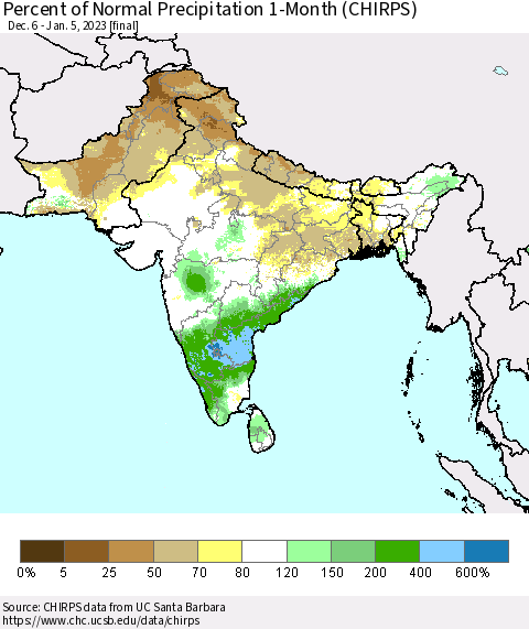 Southern Asia Percent of Normal Precipitation 1-Month (CHIRPS) Thematic Map For 12/6/2022 - 1/5/2023