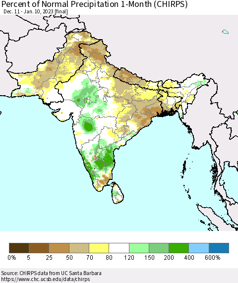 Southern Asia Percent of Normal Precipitation 1-Month (CHIRPS) Thematic Map For 12/11/2022 - 1/10/2023