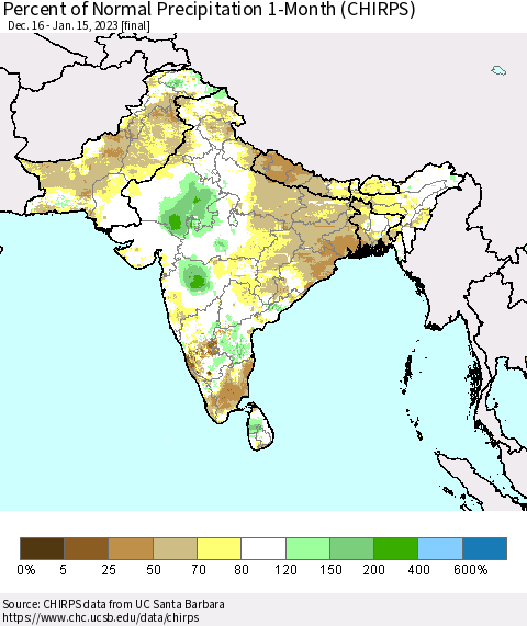 Southern Asia Percent of Normal Precipitation 1-Month (CHIRPS) Thematic Map For 12/16/2022 - 1/15/2023