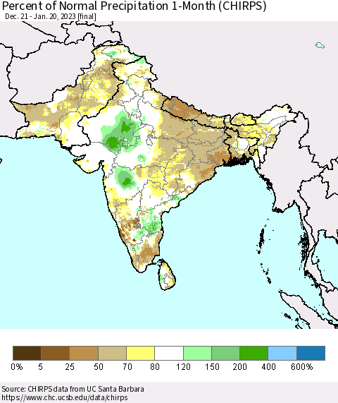 Southern Asia Percent of Normal Precipitation 1-Month (CHIRPS) Thematic Map For 12/21/2022 - 1/20/2023