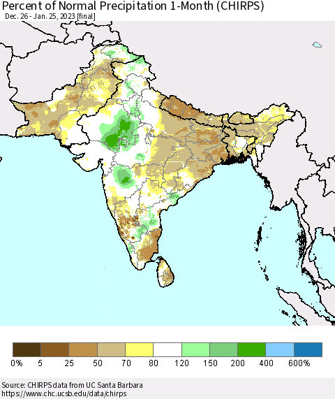 Southern Asia Percent of Normal Precipitation 1-Month (CHIRPS) Thematic Map For 12/26/2022 - 1/25/2023