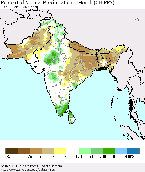 Southern Asia Percent of Normal Precipitation 1-Month (CHIRPS) Thematic Map For 1/6/2023 - 2/5/2023