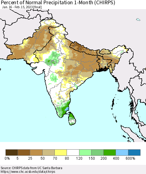 Southern Asia Percent of Normal Precipitation 1-Month (CHIRPS) Thematic Map For 1/16/2023 - 2/15/2023