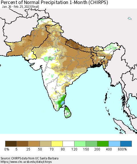 Southern Asia Percent of Normal Precipitation 1-Month (CHIRPS) Thematic Map For 1/26/2023 - 2/25/2023