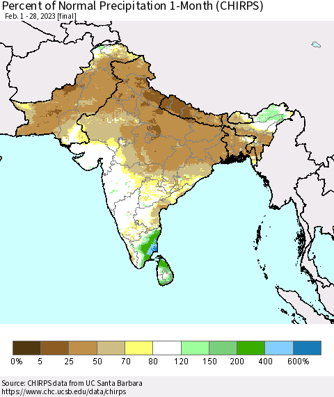 Southern Asia Percent of Normal Precipitation 1-Month (CHIRPS) Thematic Map For 2/1/2023 - 2/28/2023