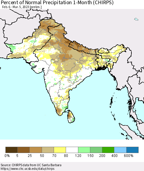 Southern Asia Percent of Normal Precipitation 1-Month (CHIRPS) Thematic Map For 2/6/2023 - 3/5/2023