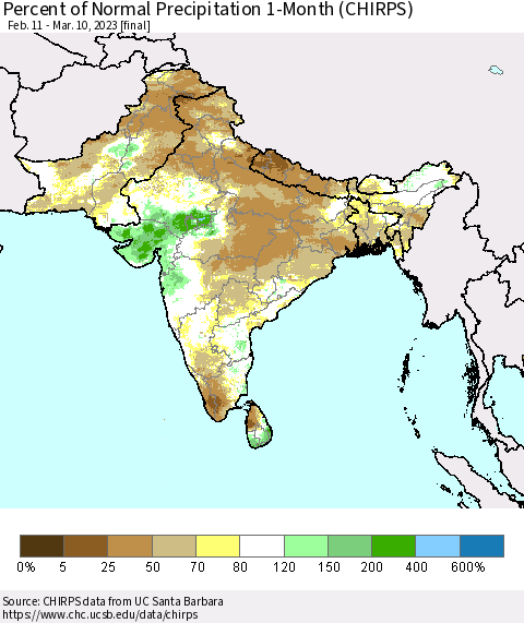 Southern Asia Percent of Normal Precipitation 1-Month (CHIRPS) Thematic Map For 2/11/2023 - 3/10/2023