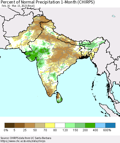 Southern Asia Percent of Normal Precipitation 1-Month (CHIRPS) Thematic Map For 2/16/2023 - 3/15/2023