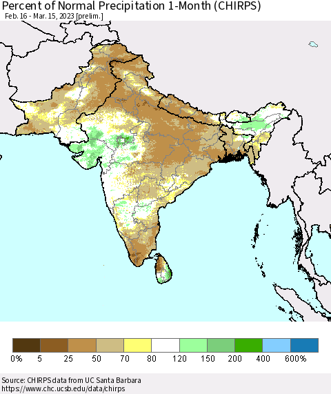 Southern Asia Percent of Normal Precipitation 1-Month (CHIRPS) Thematic Map For 2/16/2023 - 3/15/2023