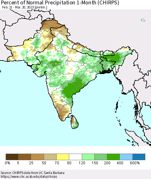 Southern Asia Percent of Normal Precipitation 1-Month (CHIRPS) Thematic Map For 2/21/2023 - 3/20/2023