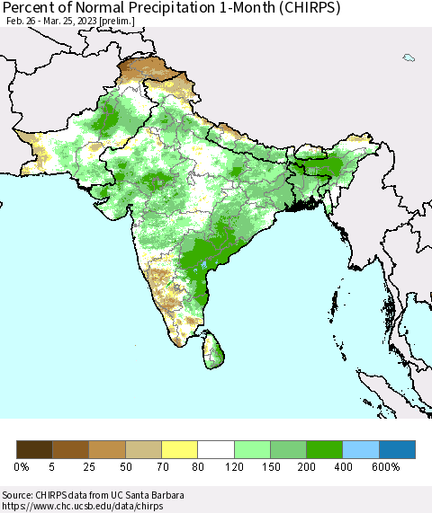 Southern Asia Percent of Normal Precipitation 1-Month (CHIRPS) Thematic Map For 2/26/2023 - 3/25/2023