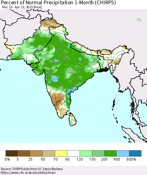 Southern Asia Percent of Normal Precipitation 1-Month (CHIRPS) Thematic Map For 3/16/2023 - 4/15/2023