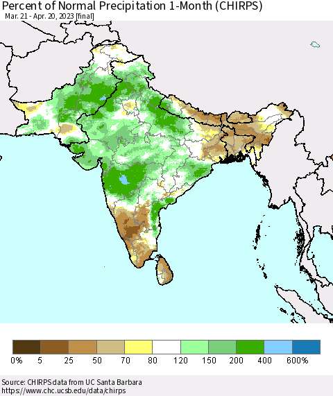 Southern Asia Percent of Normal Precipitation 1-Month (CHIRPS) Thematic Map For 3/21/2023 - 4/20/2023