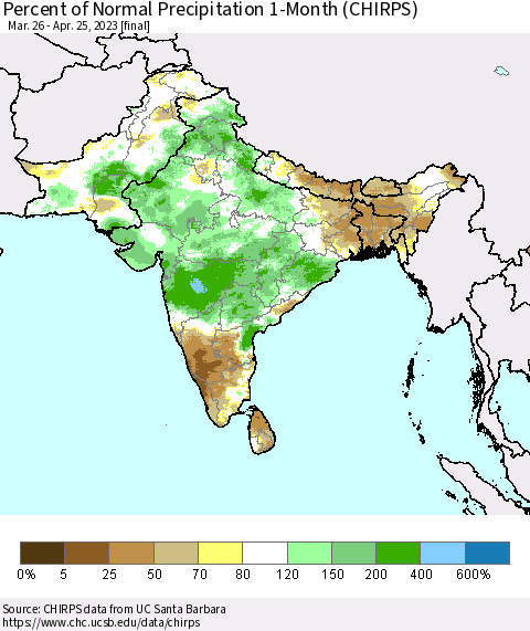 Southern Asia Percent of Normal Precipitation 1-Month (CHIRPS) Thematic Map For 3/26/2023 - 4/25/2023