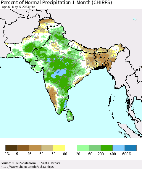 Southern Asia Percent of Normal Precipitation 1-Month (CHIRPS) Thematic Map For 4/6/2023 - 5/5/2023