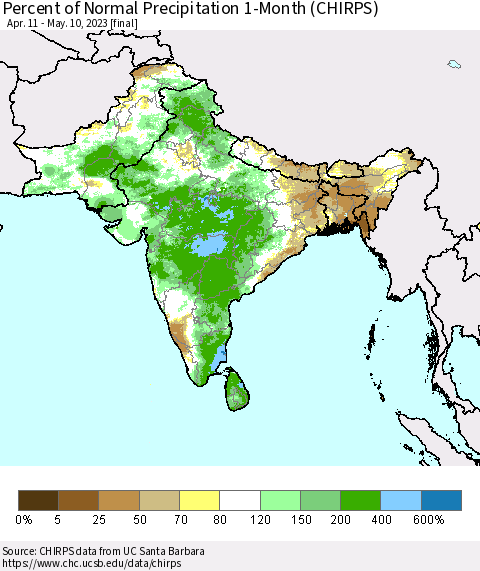 Southern Asia Percent of Normal Precipitation 1-Month (CHIRPS) Thematic Map For 4/11/2023 - 5/10/2023