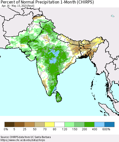 Southern Asia Percent of Normal Precipitation 1-Month (CHIRPS) Thematic Map For 4/16/2023 - 5/15/2023