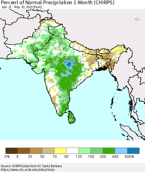 Southern Asia Percent of Normal Precipitation 1-Month (CHIRPS) Thematic Map For 4/21/2023 - 5/20/2023