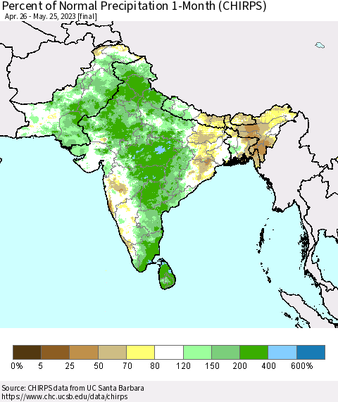 Southern Asia Percent of Normal Precipitation 1-Month (CHIRPS) Thematic Map For 4/26/2023 - 5/25/2023