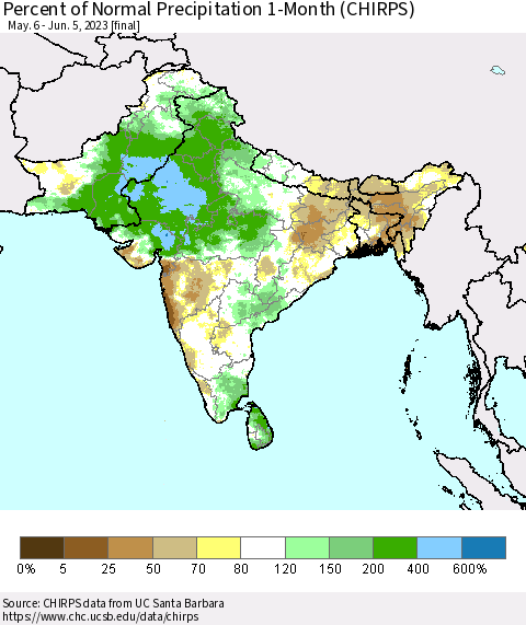 Southern Asia Percent of Normal Precipitation 1-Month (CHIRPS) Thematic Map For 5/6/2023 - 6/5/2023