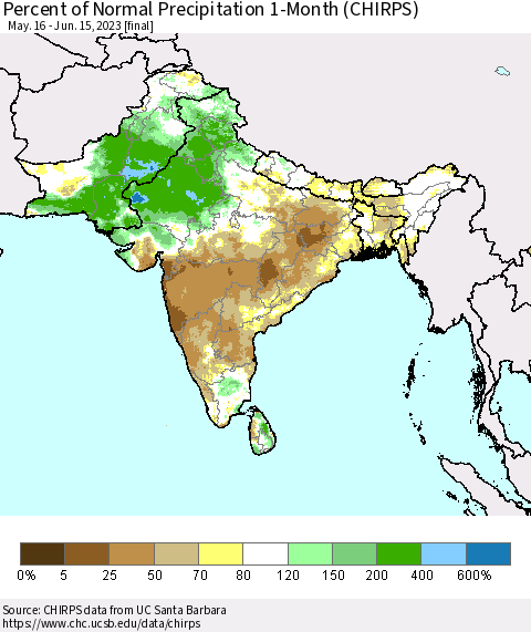 Southern Asia Percent of Normal Precipitation 1-Month (CHIRPS) Thematic Map For 5/16/2023 - 6/15/2023