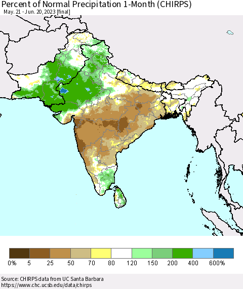 Southern Asia Percent of Normal Precipitation 1-Month (CHIRPS) Thematic Map For 5/21/2023 - 6/20/2023