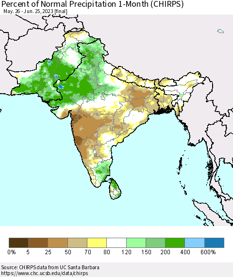 Southern Asia Percent of Normal Precipitation 1-Month (CHIRPS) Thematic Map For 5/26/2023 - 6/25/2023
