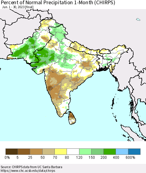 Southern Asia Percent of Normal Precipitation 1-Month (CHIRPS) Thematic Map For 6/1/2023 - 6/30/2023