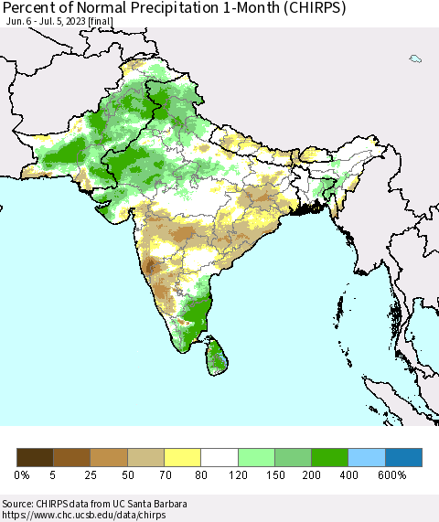 Southern Asia Percent of Normal Precipitation 1-Month (CHIRPS) Thematic Map For 6/6/2023 - 7/5/2023