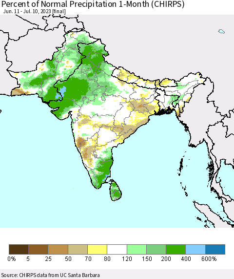 Southern Asia Percent of Normal Precipitation 1-Month (CHIRPS) Thematic Map For 6/11/2023 - 7/10/2023
