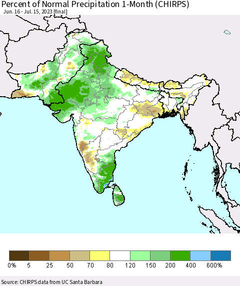 Southern Asia Percent of Normal Precipitation 1-Month (CHIRPS) Thematic Map For 6/16/2023 - 7/15/2023