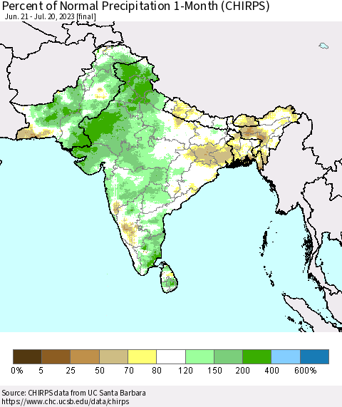 Southern Asia Percent of Normal Precipitation 1-Month (CHIRPS) Thematic Map For 6/21/2023 - 7/20/2023