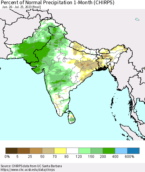 Southern Asia Percent of Normal Precipitation 1-Month (CHIRPS) Thematic Map For 6/26/2023 - 7/25/2023