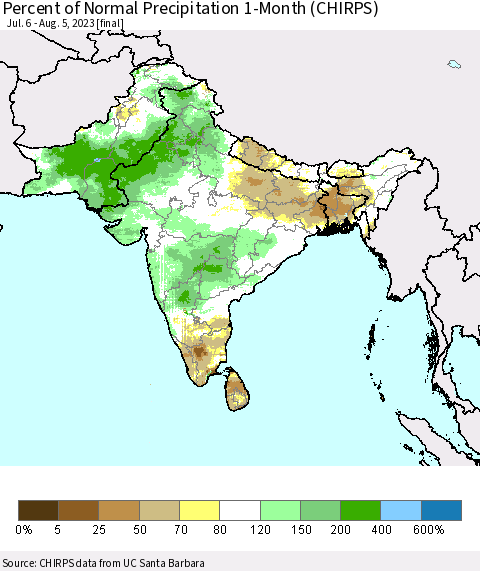 Southern Asia Percent of Normal Precipitation 1-Month (CHIRPS) Thematic Map For 7/6/2023 - 8/5/2023