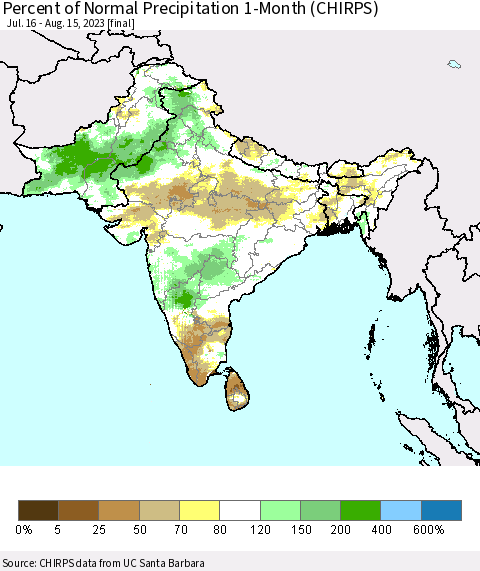 Southern Asia Percent of Normal Precipitation 1-Month (CHIRPS) Thematic Map For 7/16/2023 - 8/15/2023